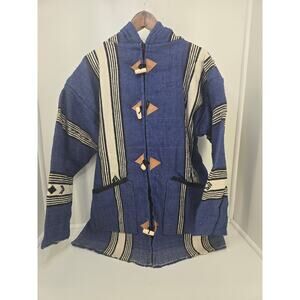 Vintage Baja Hoodie Jacket Mexican Blanket Style Blue Black White Large